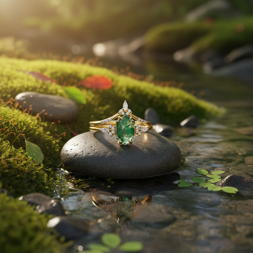 Moss Agate Engagement Ring Set – Natural Green Moss Agate Bridal Ring – 925 Sterling Silver – Gold Plated | Macklo London
