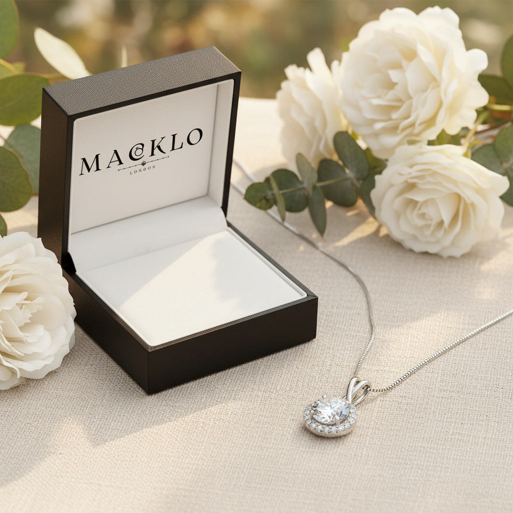 Moissanite Halo Pendant Necklace – 1ct to 3ct D Color VVS1, 925 Sterling Silver – The Kensington Halo | Macklo London