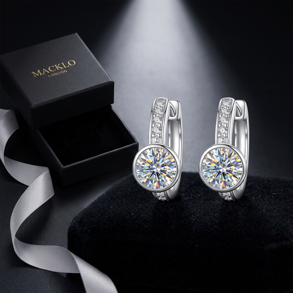 2ct Huggie Hoop Moissanite Earrings - D Color VVS1 Everyday Wearing Earrings- 925 Silver | Macklo London
