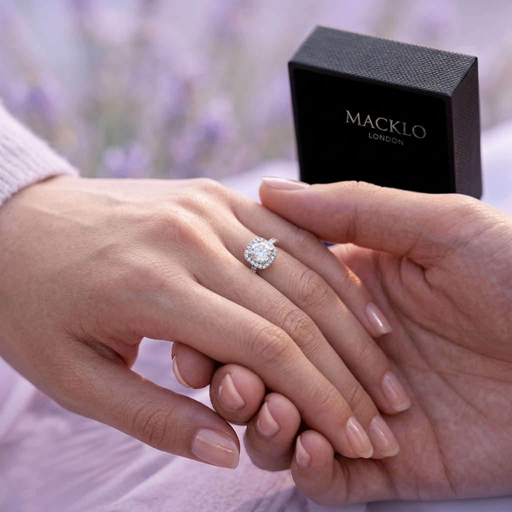 Moissanite Cushion Halo Engagement Ring – 1ct D Color VVS1, 925 Sterling Silver – The Belgravia | Macklo London