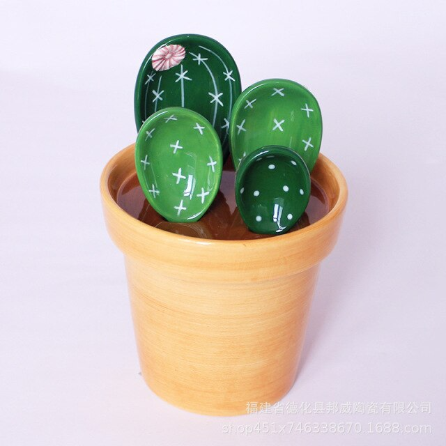 Cactus Ceramic Measuring Spoon Set Cute Kitchen Tool with Base