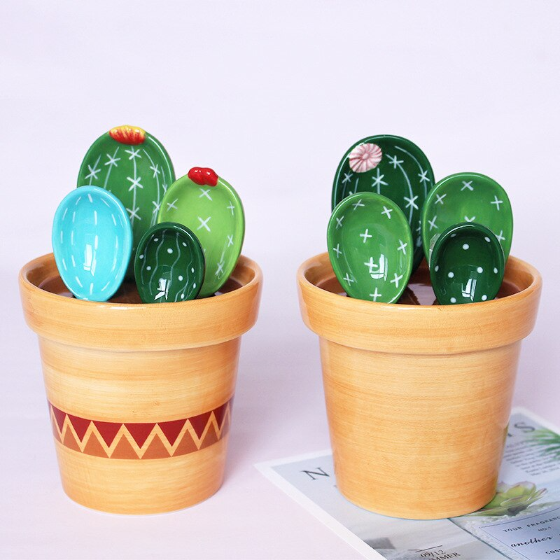 Cactus Ceramic Measuring Spoon Set Cute Kitchen Tool with Base