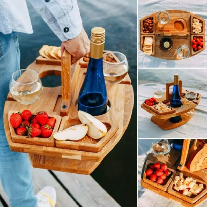 Portable Wooden Picnic Table | Outdoor Picnic Table with Wine Glass Holder