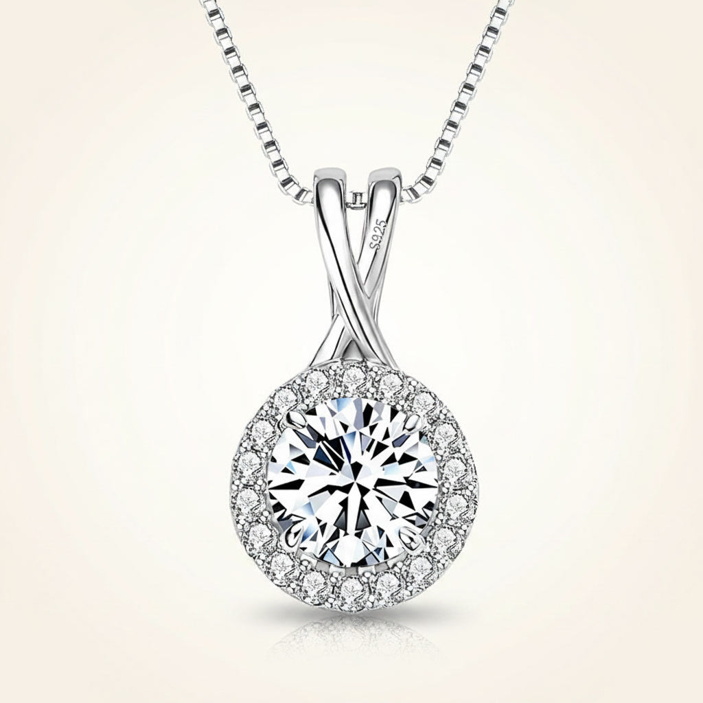 Moissanite Necklace 1ct to 3ct Halo Pendant – D Color VVS1 – 925 Sterling Silver