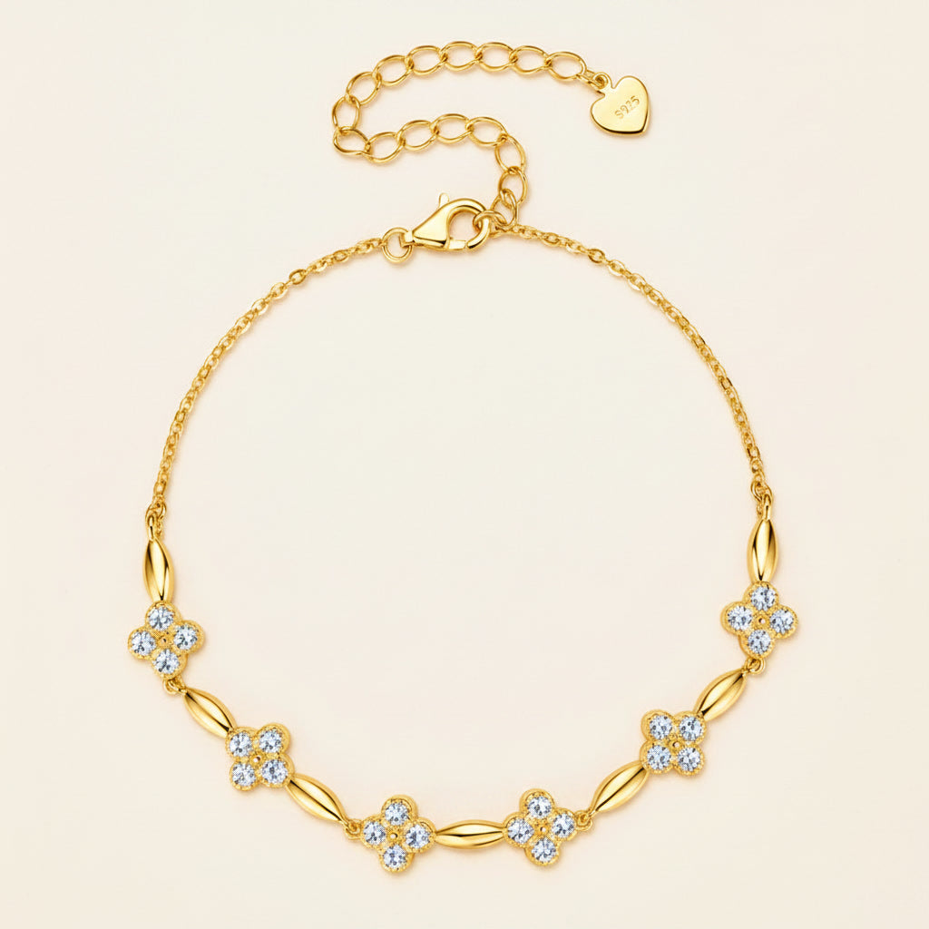 Moissanite Flower Charm Bracelet – 0.5ct 14K Gold Plated, 925 Sterling Silver – The Mayfair Flower | Macklo London