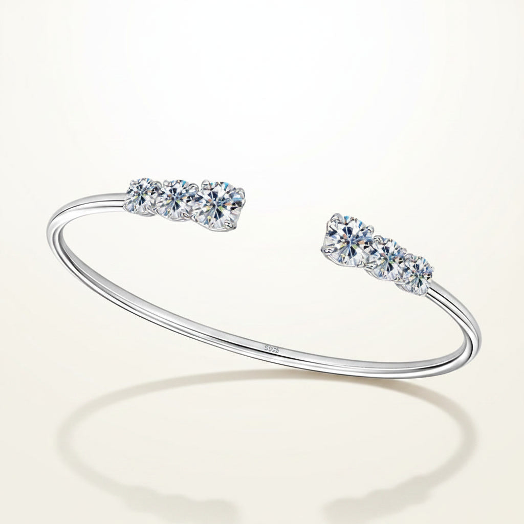 Moissanite Three Stone Bangle Bracelet 2.1ct – 925 Sterling Silver – The Kensington Bangle | Macklo London