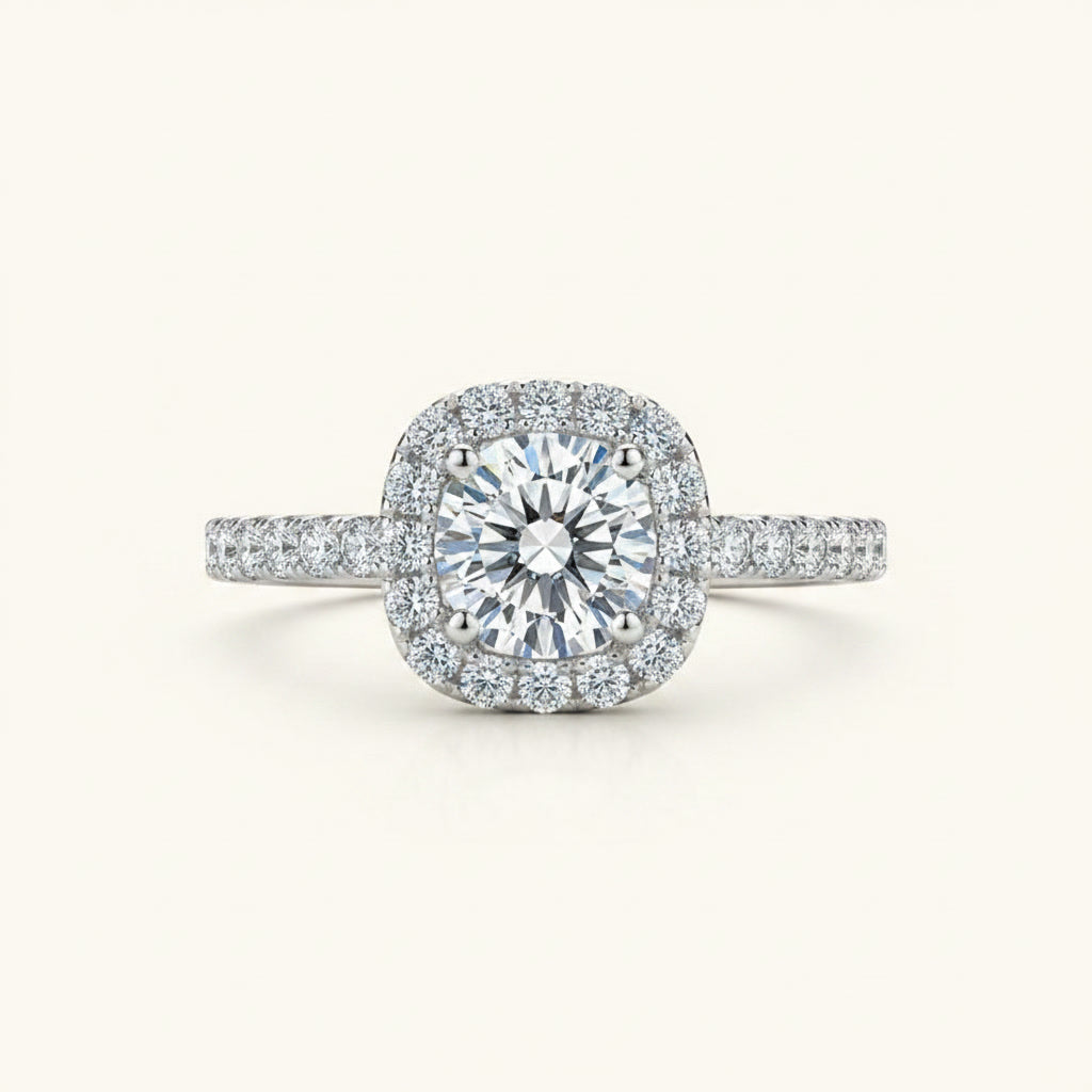 Moissanite Cushion Halo Engagement Ring – 1ct D Color VVS1, 925 Sterling Silver – The Belgravia | Macklo London
