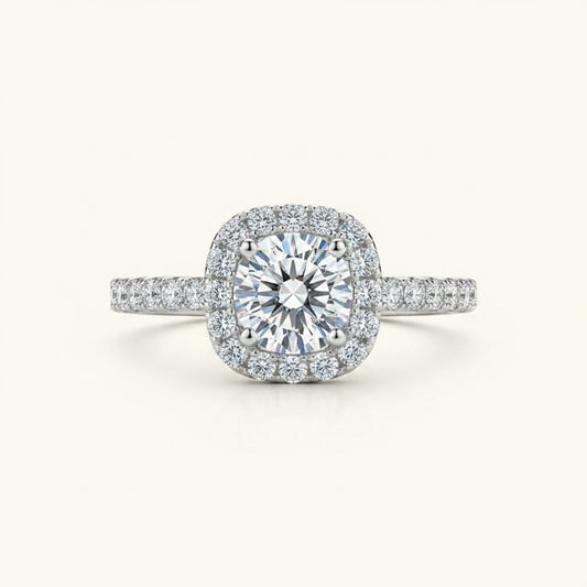Moissanite Cushion Halo Engagement Ring – 1ct D Color VVS1, 925 Sterling Silver – The Belgravia | Macklo London