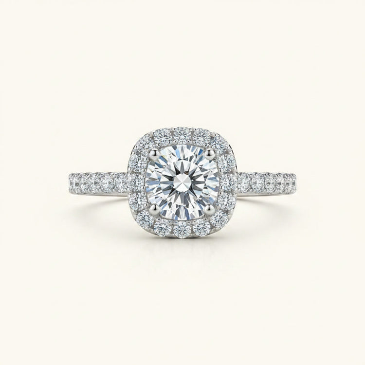 Moissanite Cushion Halo Engagement Ring – 1ct D Color VVS1, 925 Sterling Silver – The Belgravia | Macklo London