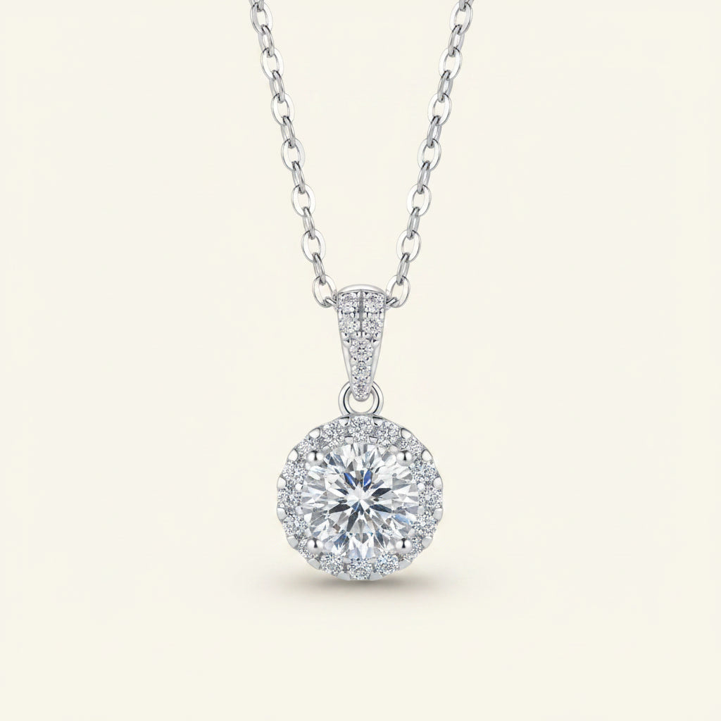 Moissanite Necklace 1ct Halo Pendant – 925 Sterling Silver – Kensington
