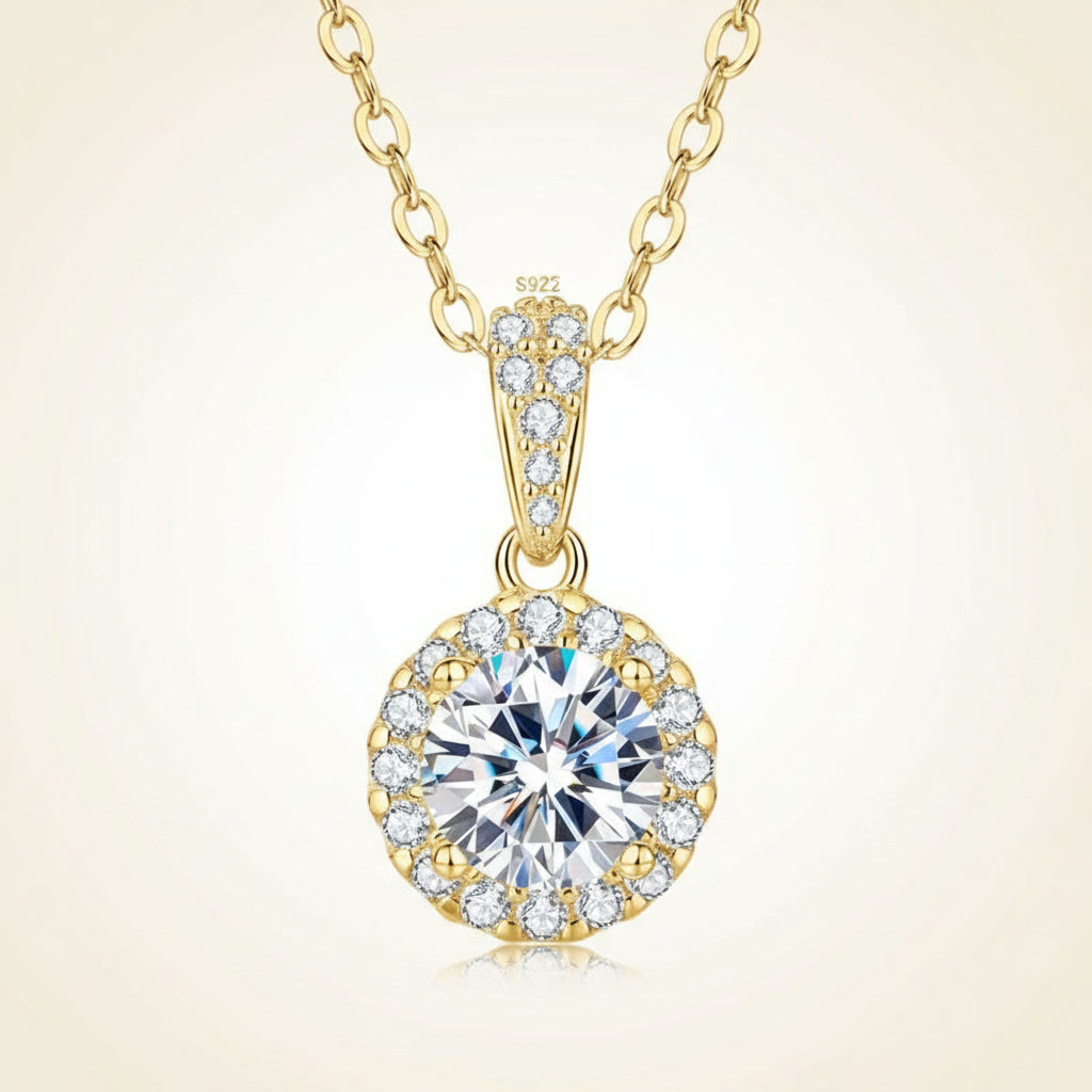 Moissanite Necklace 1ct Halo Pendant – 925 Sterling Silver – Kensington