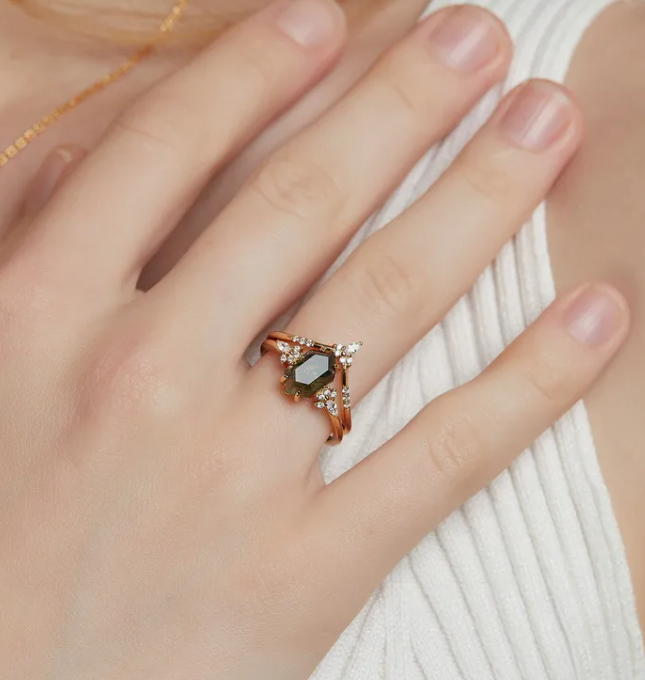 Moss Agate Engagement Ring Set – Natural Green Moss Agate Bridal Ring – 925 Sterling Silver – Gold Plated | Macklo London