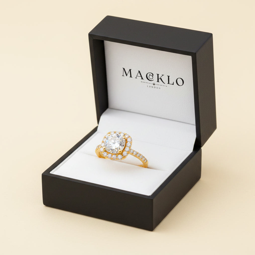 Moissanite Square Halo Ring 2ct 8mm D Color VVS1 – 925 Sterling Silver – The Belgravia Square | Macklo London