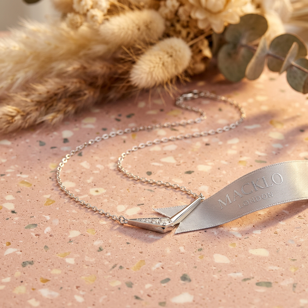 The Thames V Necklace – Moissanite Pavé, 925 Sterling Silver, 18K White Gold Plated  Macklo London