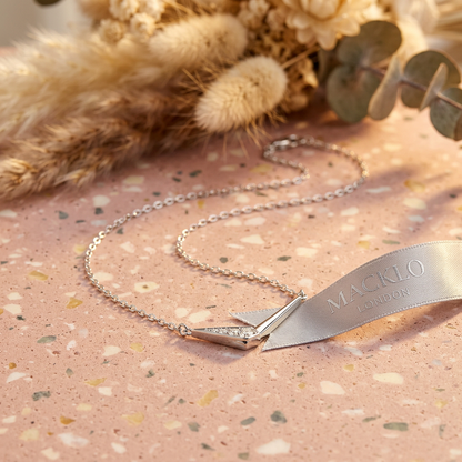 The Thames V Necklace – Moissanite Pavé, 925 Sterling Silver, 18K White Gold Plated  Macklo London