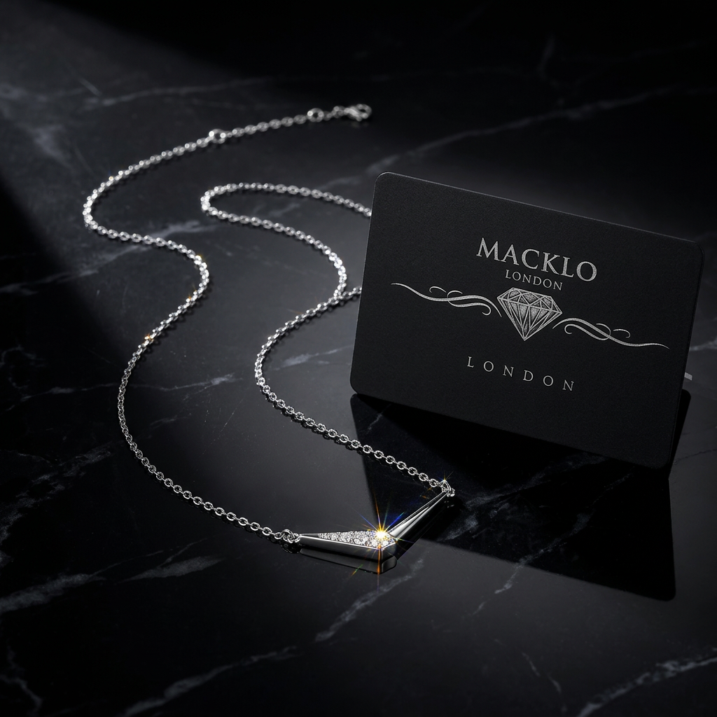 The Thames V Necklace – Moissanite Pavé, 925 Sterling Silver, 18K White Gold Plated  Macklo London
