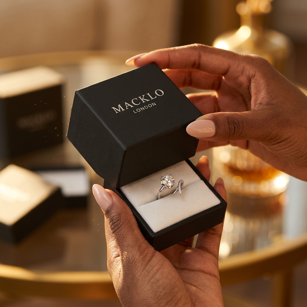 The Victoria Open Ring – 1ct Moissanite, 925 Sterling Silver, 18K White Gold Plated | Macklo London