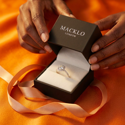Moissanite Cushion Halo Engagement Ring – 1ct D Color VVS1, 925 Sterling Silver – The Belgravia | Macklo London