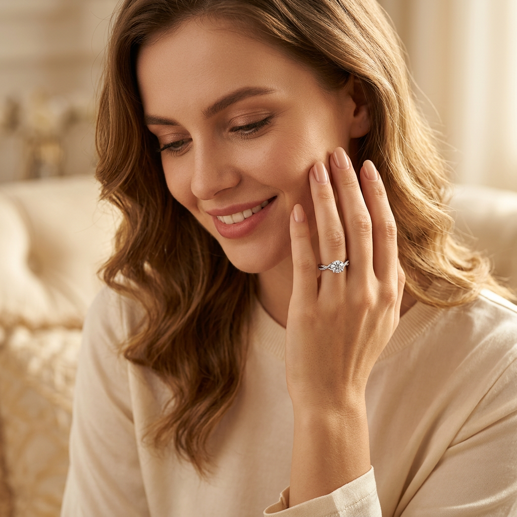 The Mayfair Twist Ring – 1ct Moissanite, 925 Sterling Silver, 18K White Gold Plated | Macklo London