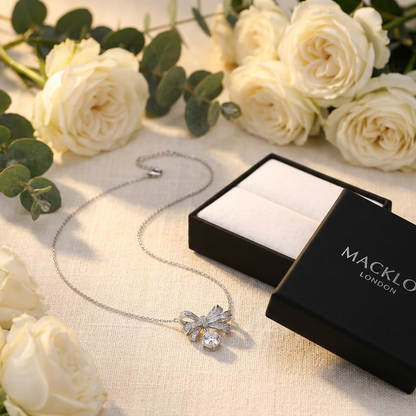 The Kensington Bow Necklace – 2ct Moissanite, 925 Sterling Silver, 18K White Gold Plated  Macklo London