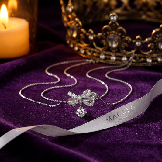 The Kensington Bow Necklace – 2ct Moissanite, 925 Sterling Silver, 18K White Gold Plated  Macklo London