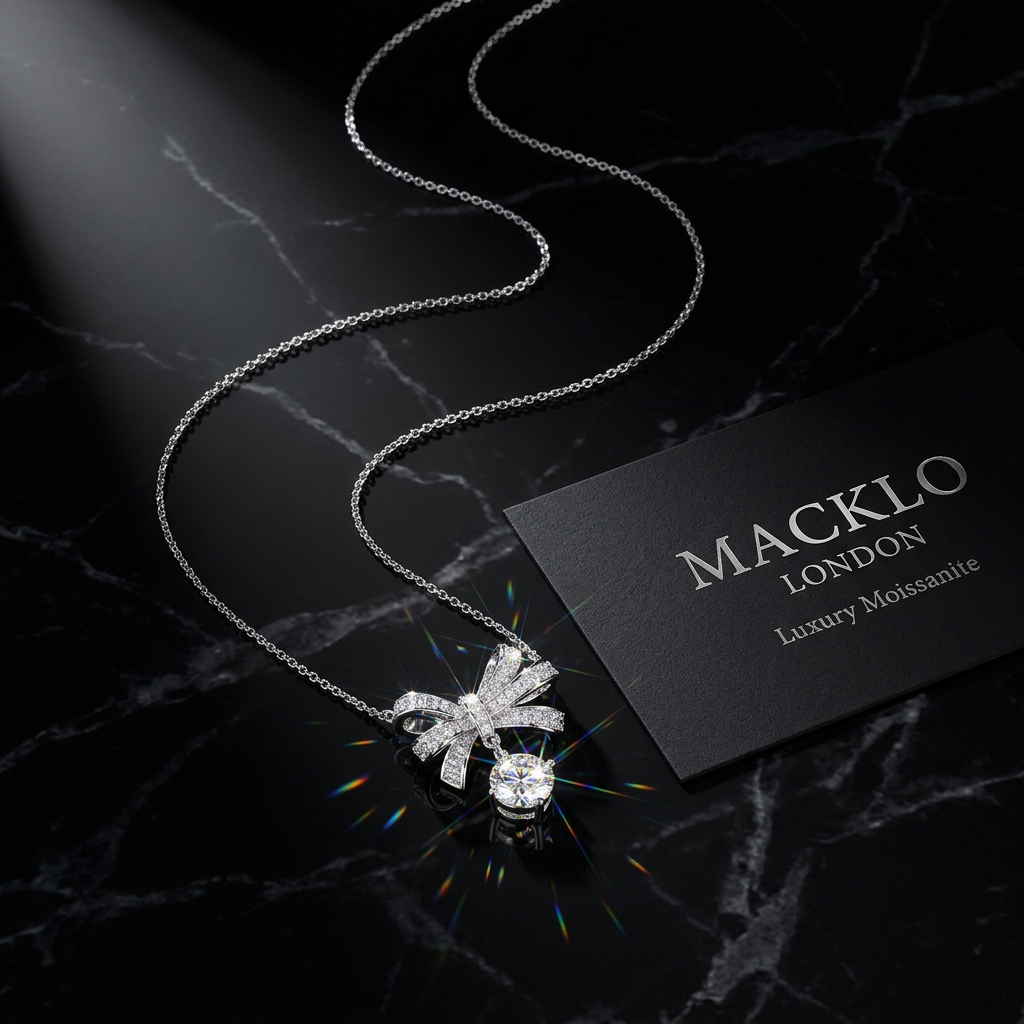 The Kensington Bow Necklace – 2ct Moissanite, 925 Sterling Silver, 18K White Gold Plated  Macklo London