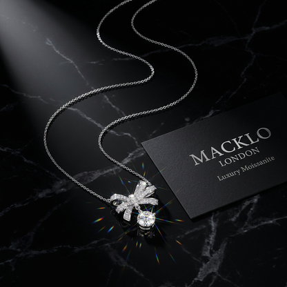 The Kensington Bow Necklace – 2ct Moissanite, 925 Sterling Silver, 18K White Gold Plated  Macklo London