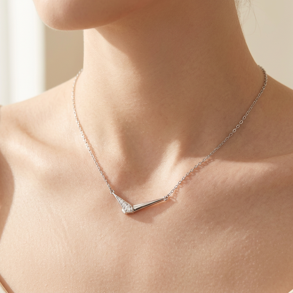 The Thames V Necklace – Moissanite Pavé, 925 Sterling Silver, 18K White Gold Plated  Macklo London