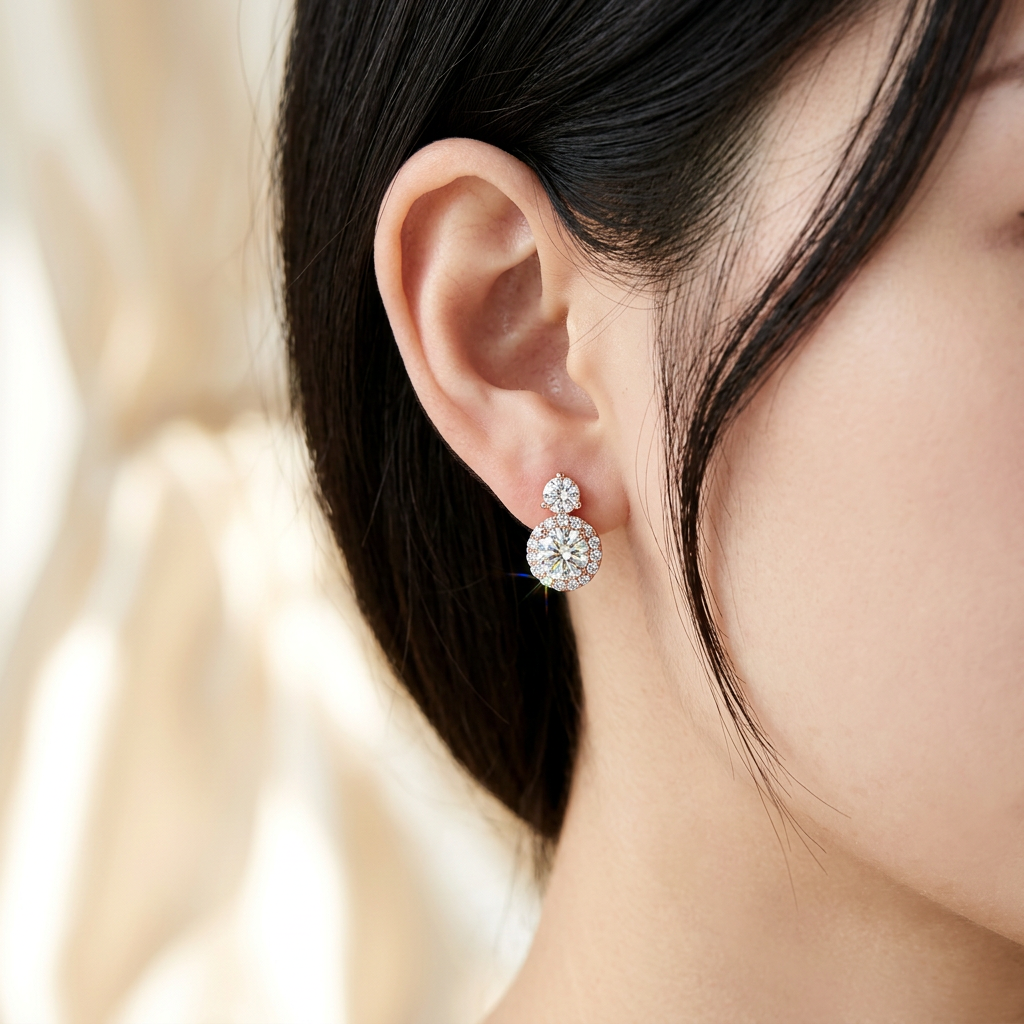 Moissanite Drop Earrings 5mm Halo Rose Gold 925 Sterling Silver – The Chelsea | Macklo London