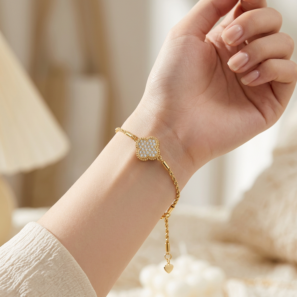 The Lucky Clover Bracelet – Moissanite Pavé, 925 Sterling Silver, 18K Gold Plated | Macklo London