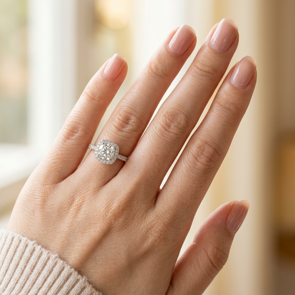 Moissanite Cushion Halo Engagement Ring – 1ct D Color VVS1, 925 Sterling Silver – The Belgravia | Macklo London