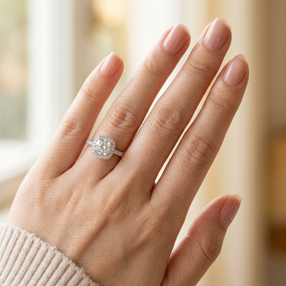 Moissanite Cushion Halo Engagement Ring – 1ct D Color VVS1, 925 Sterling Silver – The Belgravia | Macklo London