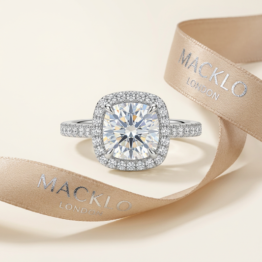 Moissanite Cushion Halo Engagement Ring – 1ct D Color VVS1, 925 Sterling Silver – The Belgravia | Macklo London