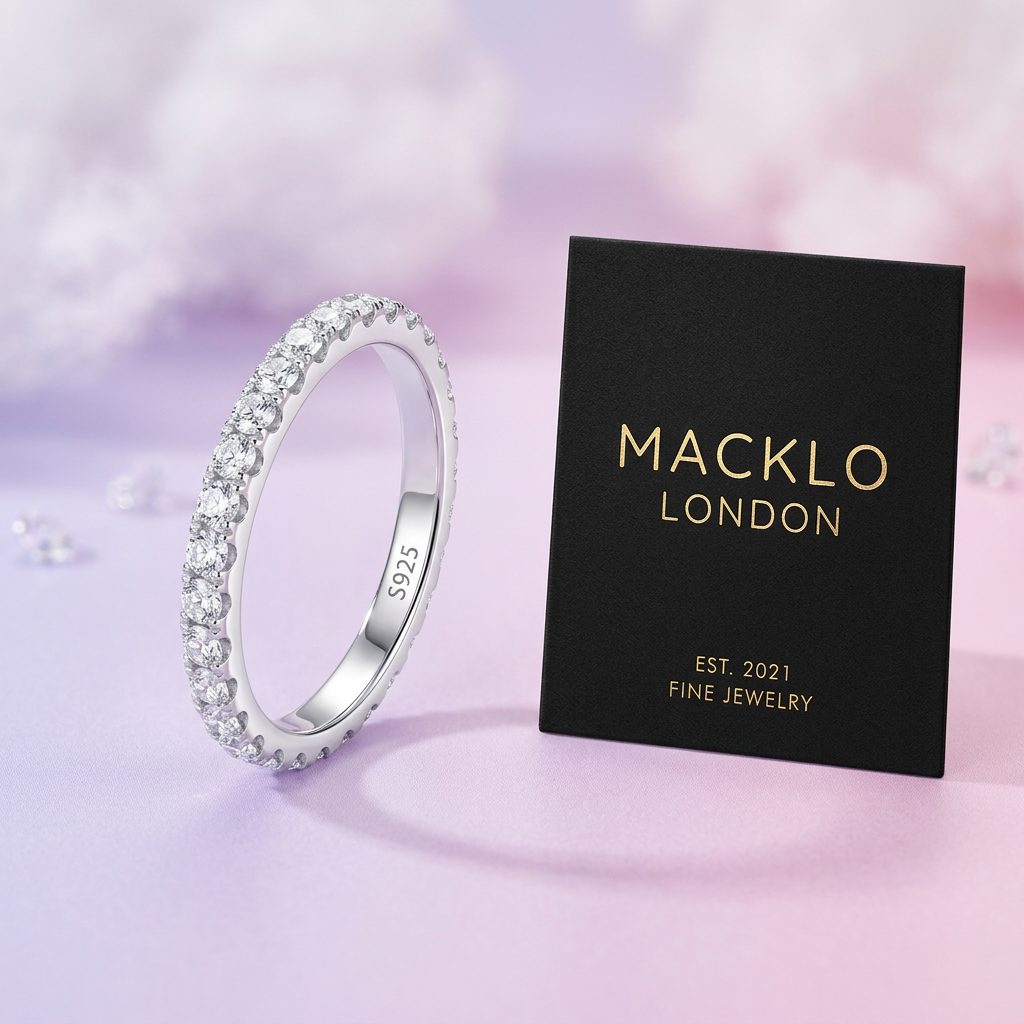 Moissanite Eternity Band 2mm Full Pavé – 925 Sterling Silver – The Belgravia Eternity | Macklo London