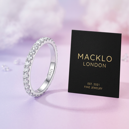 Moissanite Eternity Band 2mm Full Pavé – 925 Sterling Silver – The Belgravia Eternity | Macklo London