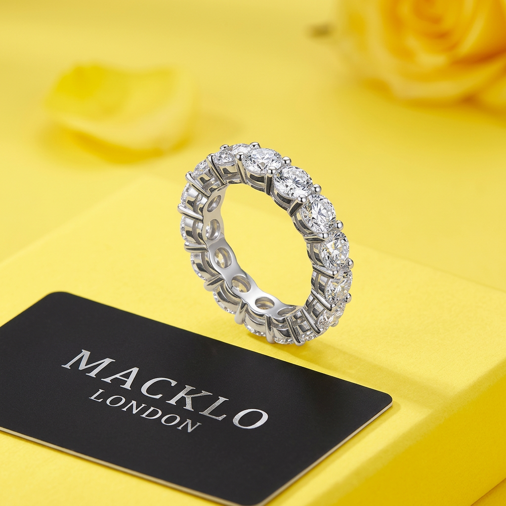 Moissanite Tennis Eternity Ring 5mm Full Pavé – 925 Sterling Silver Band – The Mayfair Tennis | Macklo London