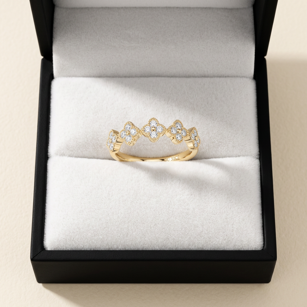 Moissanite Clover Ring 1.5mm Half Eternity Stackable Band – 925 Sterling Silver – The Lucky Clover | Macklo London