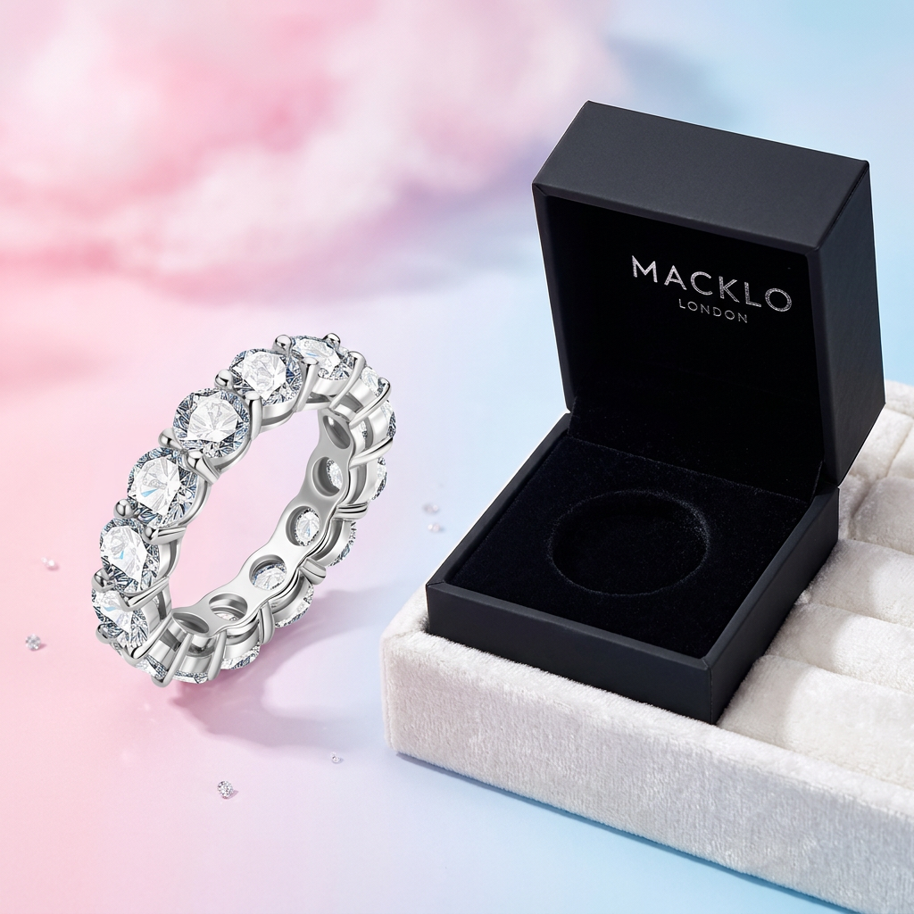 Moissanite Tennis Eternity Ring 5mm Full Pavé – 925 Sterling Silver Band – The Mayfair Tennis | Macklo London