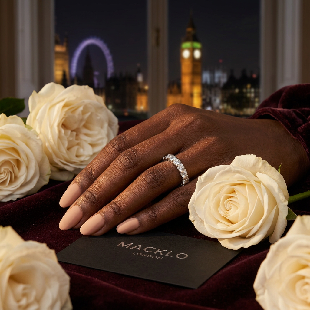 Moissanite Tennis Eternity Ring 5mm Full Pavé – 925 Sterling Silver Band – The Mayfair Tennis | Macklo London