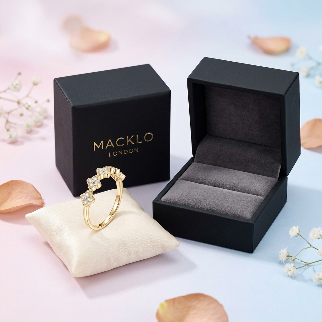 Moissanite Clover Ring 1.5mm Half Eternity Stackable Band – 925 Sterling Silver – The Lucky Clover | Macklo London