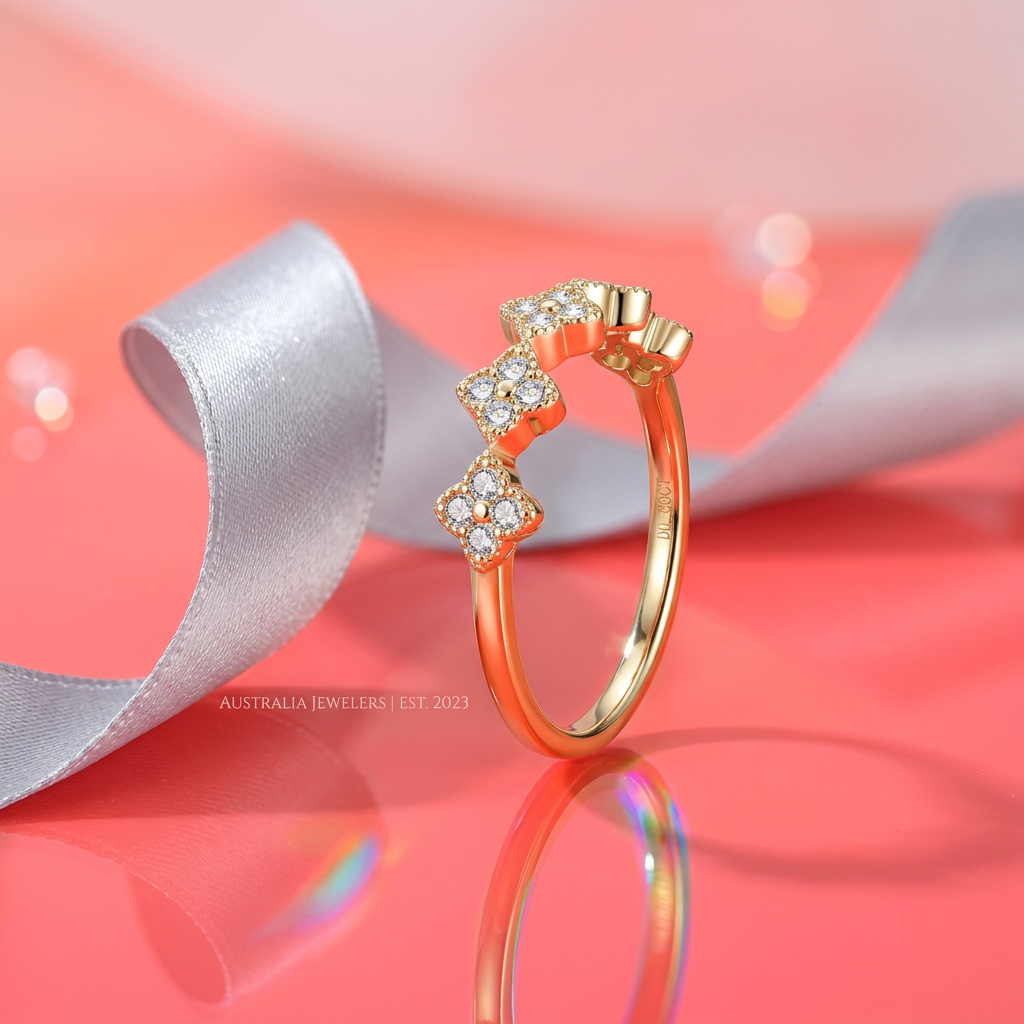 Moissanite Clover Ring 1.5mm Half Eternity Stackable Band – 925 Sterling Silver – The Lucky Clover | Macklo London