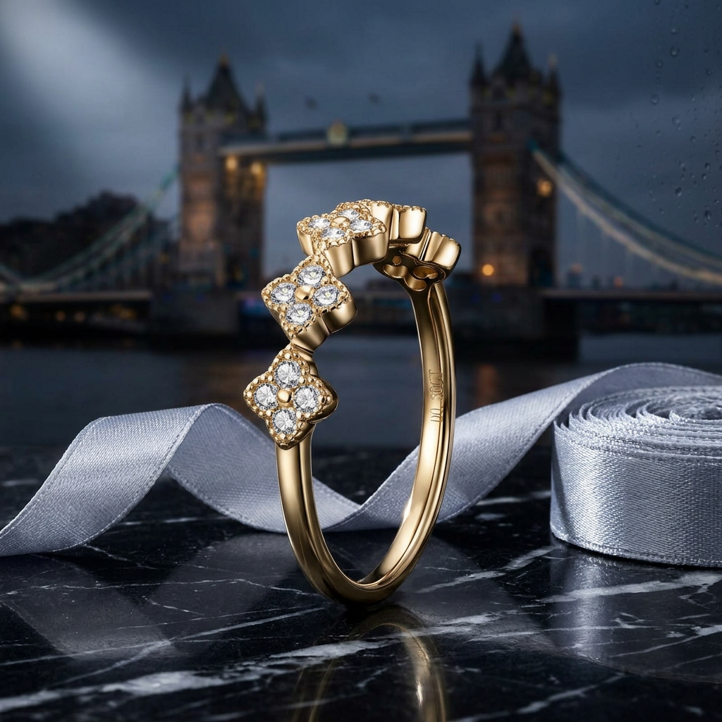 Moissanite Clover Ring 1.5mm Half Eternity Stackable Band – 925 Sterling Silver – The Lucky Clover | Macklo London