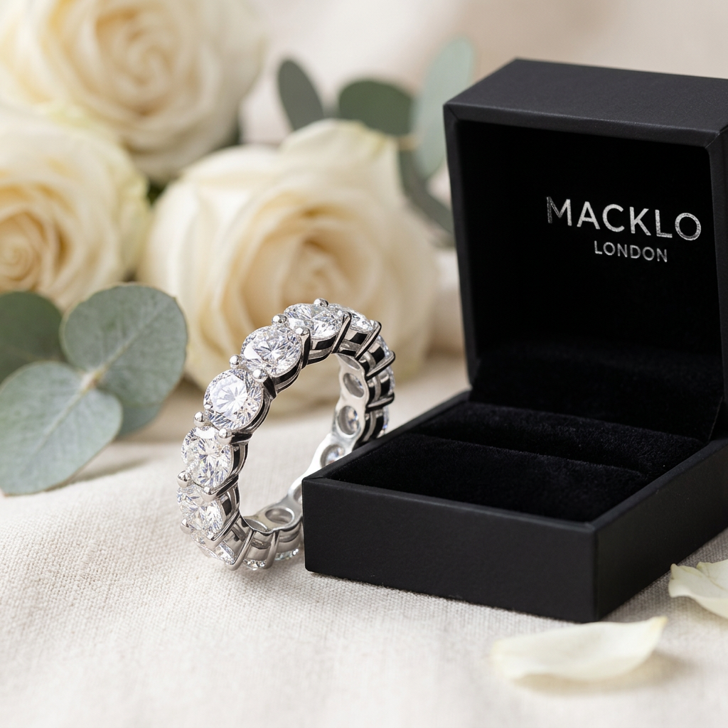 Moissanite Tennis Eternity Ring 5mm Full Pavé – 925 Sterling Silver Band – The Mayfair Tennis | Macklo London