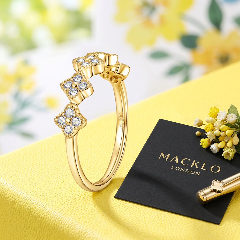 Moissanite Clover Ring 1.5mm Half Eternity Stackable Band – 925 Sterling Silver – The Lucky Clover | Macklo London