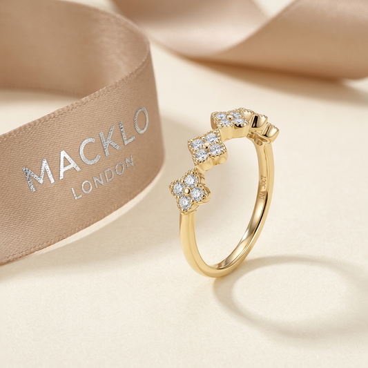 Moissanite Clover Ring 1.5mm Half Eternity Stackable Band – 925 Sterling Silver – The Lucky Clover | Macklo London