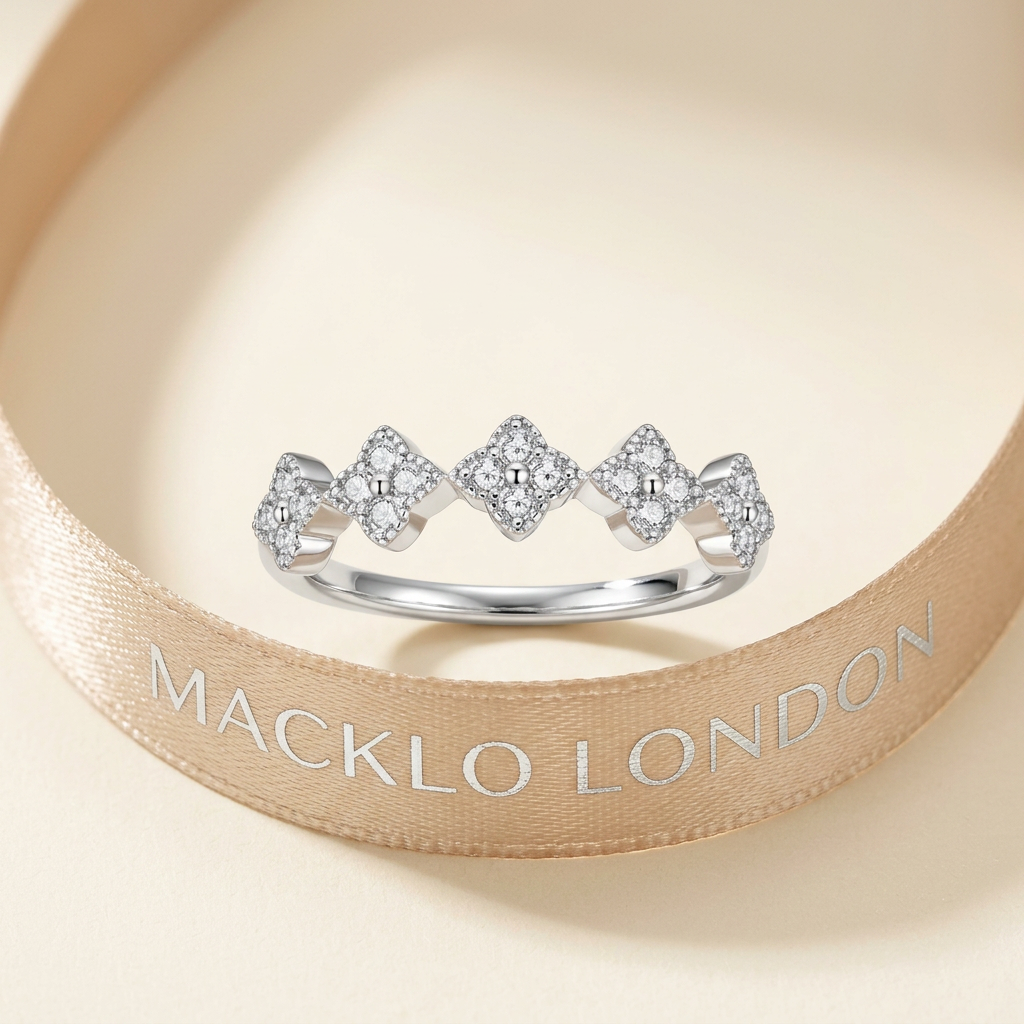 Moissanite Clover Ring 1.5mm Half Eternity Stackable Band – 925 Sterling Silver – The Lucky Clover | Macklo London