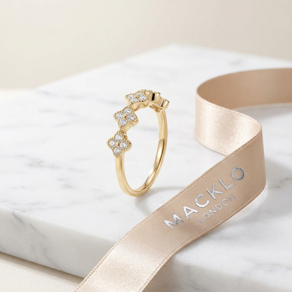 Moissanite Clover Ring 1.5mm Half Eternity Stackable Band – 925 Sterling Silver – The Lucky Clover | Macklo London