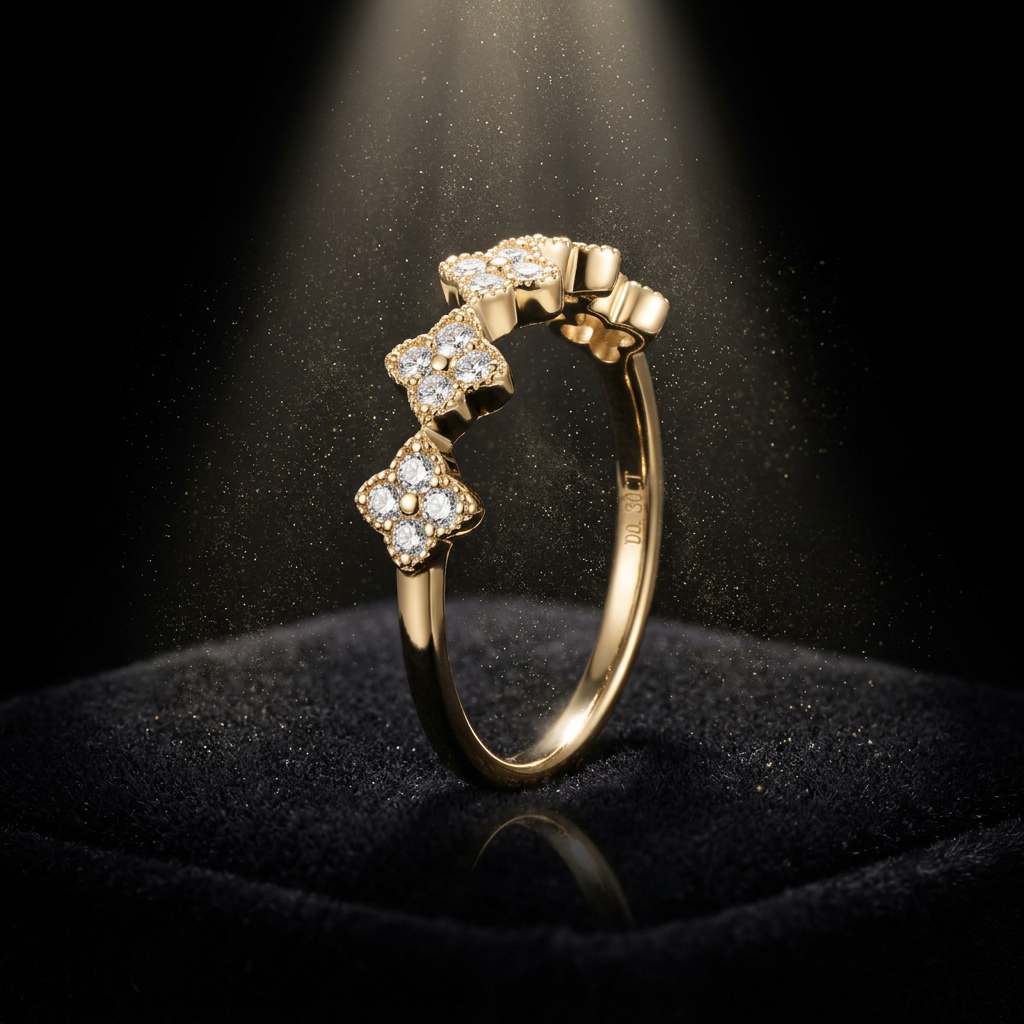 Moissanite Clover Ring 1.5mm Half Eternity Stackable Band – 925 Sterling Silver – The Lucky Clover | Macklo London