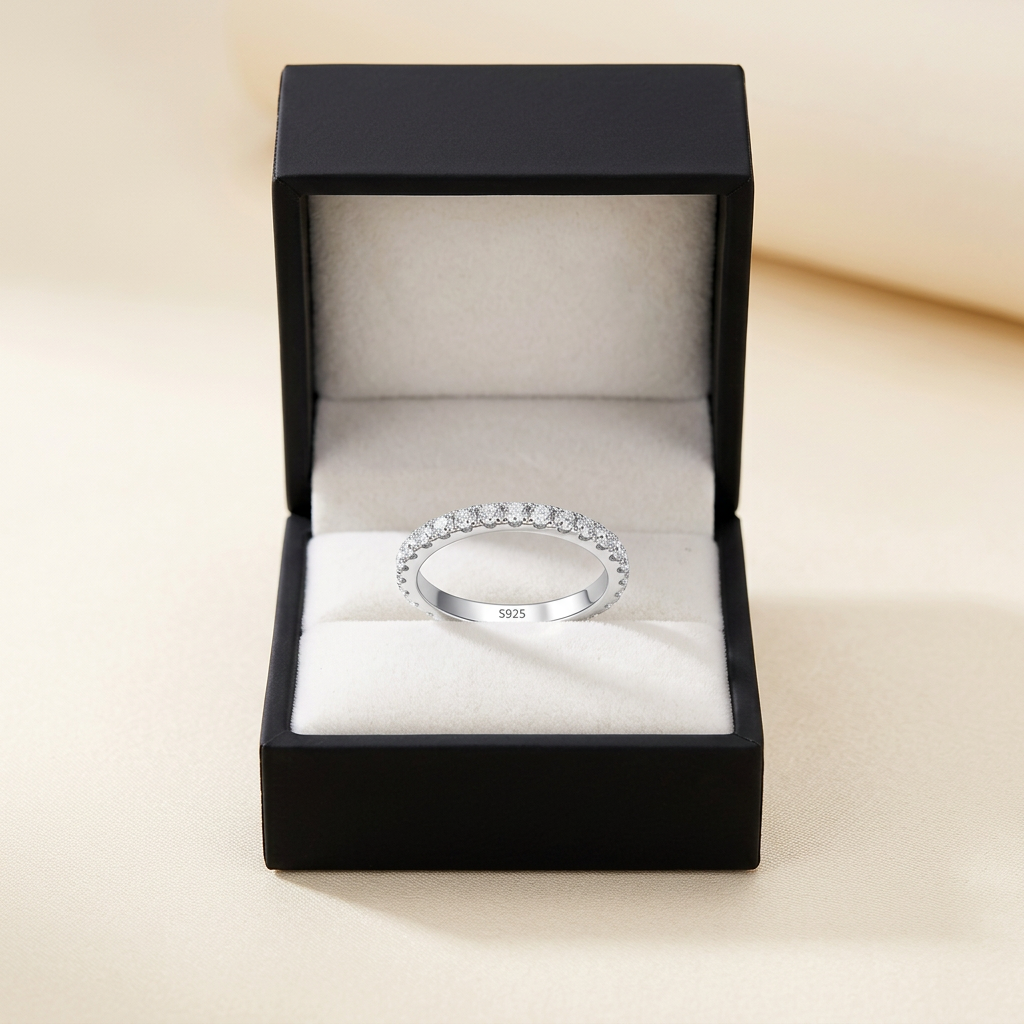 Moissanite Eternity Band 2mm Full Pavé – 925 Sterling Silver – The Belgravia Eternity | Macklo London