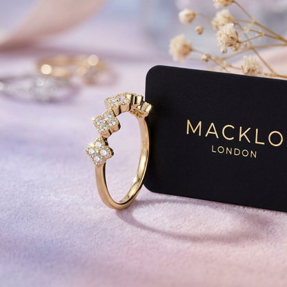 Moissanite Clover Ring 1.5mm Half Eternity Stackable Band – 925 Sterling Silver – The Lucky Clover | Macklo London